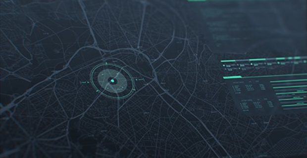 Futuristic security spy program interface. Dynamic modern HUD. GPS location tracking or scanning software. Green marker, indicator on the map. Satellite view. Hi-tech. 3D Render concept illustration
